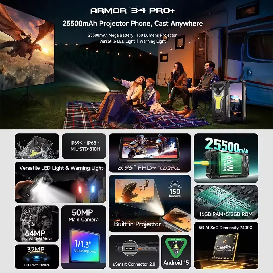 Ulefone Armor 34 Pro+ Plus 5G 6.95'' 120HZ Dimensity 7400X Projector 32GB 512GB 25500mAh LED Light - Gambar 2