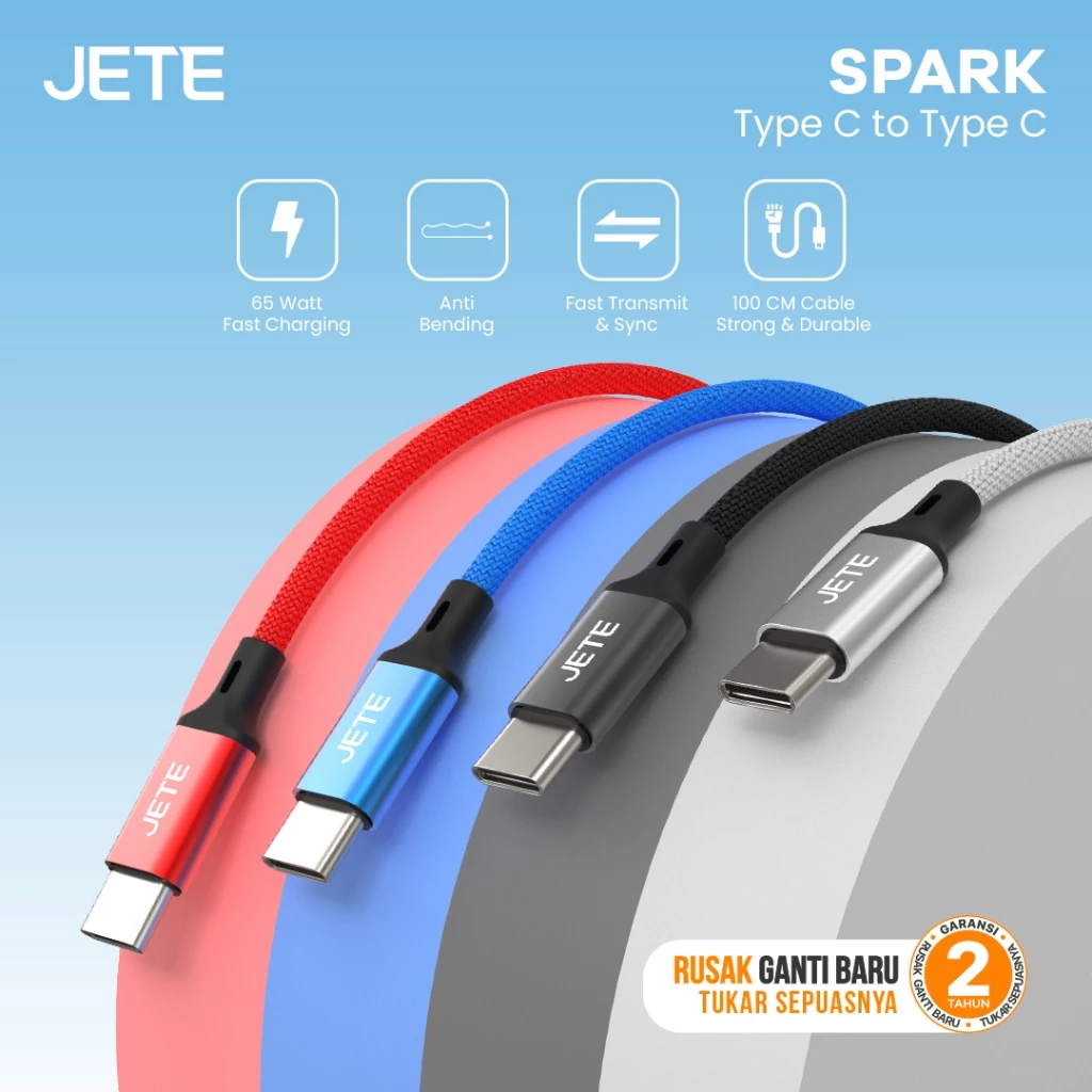 Kabel Data JETE Spark USB C To Type C 65W Fast Charging Cable Handphone Quick Transfer Charger Nylon Braided