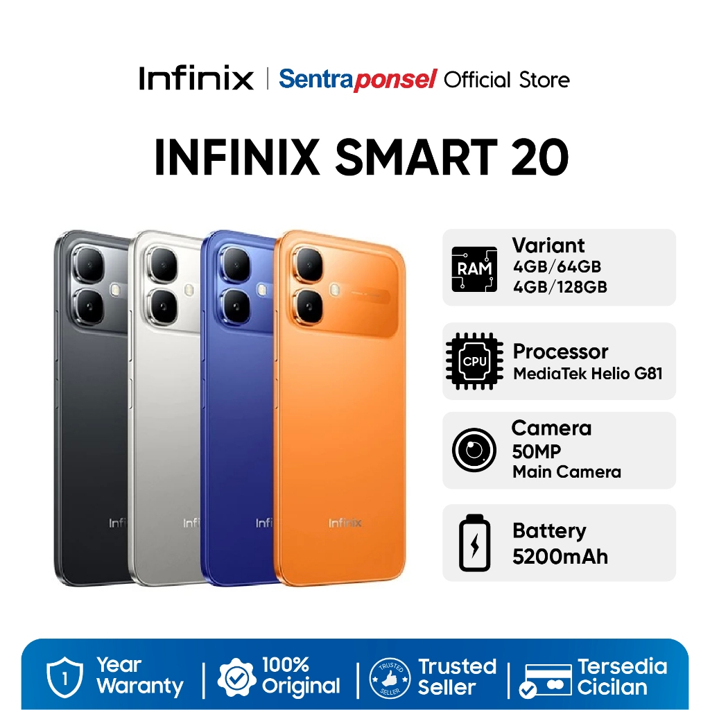 Infinix Smart 20 4GB+64GB / 4GB/128GB Up to 8GB Extended RAM - Mediatek Helio G81 - Garansi Resmi