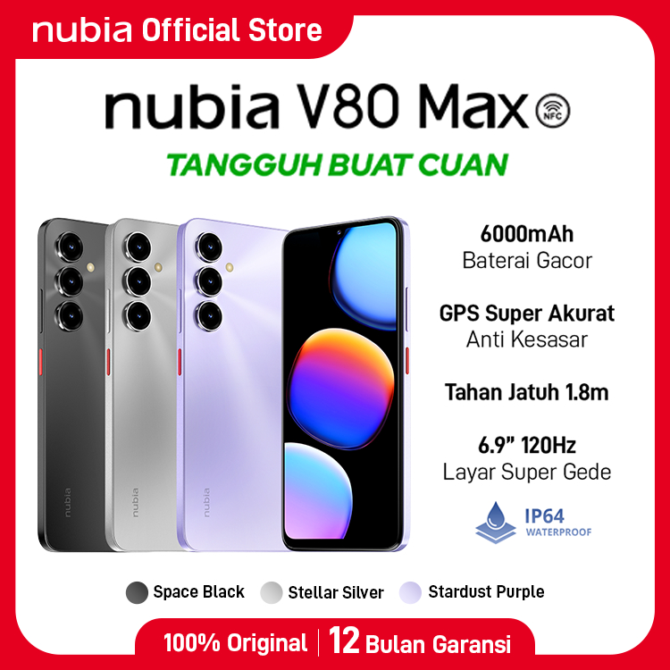 Handphone nubia V80 Max ROM 128 GB RAM 8 GB + 8 GB Smartphone Layar 6.9" HD 120Hz, Baterai 6000mAh Fast Charging GPS Turbo