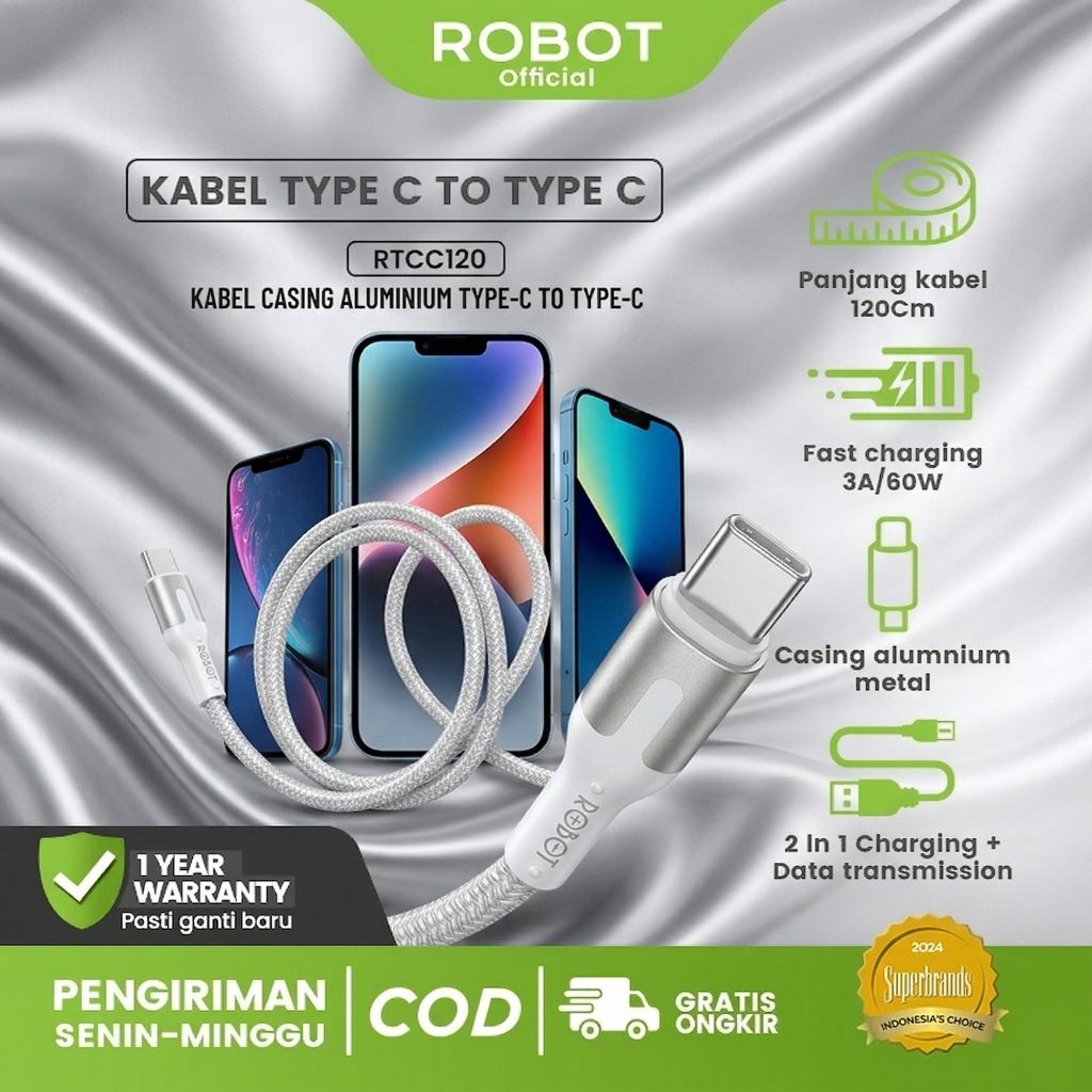 Robot Kabel Fast Charging 60W Anti Kusut 1.2M