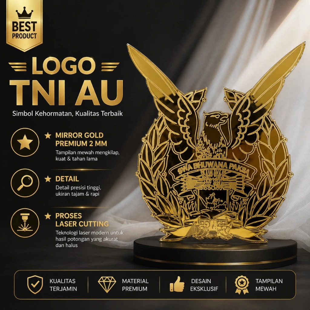 logo swa bhuwana paksa TNI AU lambang Angkatan Udara gambar garuda peta sayap grafir simbol bahan akrilik gold