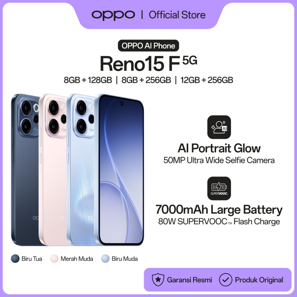 [BARU] OPPO Reno15 F 5G 8+128/256GB & 12+256GB [AI Portrait Glow 50MP Ultra Wide Selfie Camera, 7000mAh Large Battery 80W SUPERVOOC, 5-Year Fluency Authentication] - Gambar 3