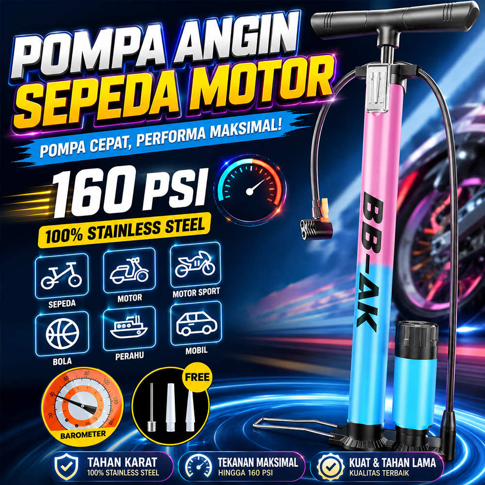 Pompa Angin Tangan Aluminium 59cm dengan BAROMETER 160PSI Akurasi Tinggi Multifungsi untuk Ban Motor Mobil Sepeda Bola Ringan Kuat Wajib Punya untuk Darurat