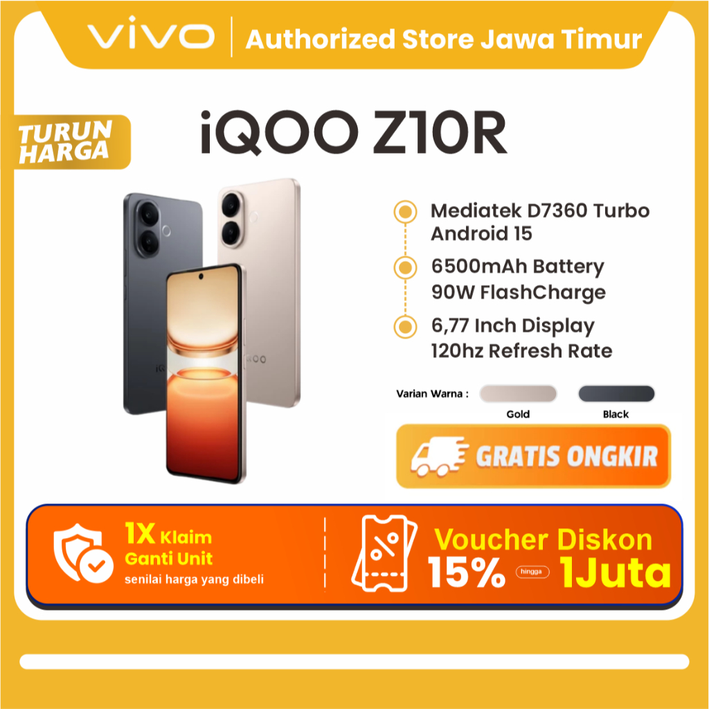vivo iQOO Z10R [BISA INSTAN PENGIRIMAN], MediaTek Dimensity 7360-Turbo, 6500mAh 90W Bypass Charging, 120Hz AMOLED 3000nit, 50MP Sony IMX + Ultrawide, Dual Speaker + IP65
