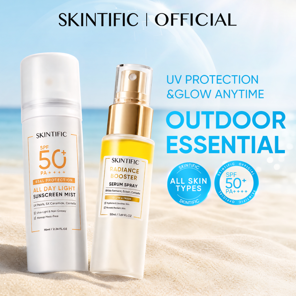 SKINTIFIC - Outdoor Spray Set / Instant Glow Serum Spray + Sunscreen Mist SPF 50+ PA++++ / / Calming Hydrating Protection After Sun Skin Relief Reapply 2PCS