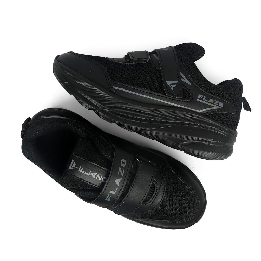 Flazo Sepatu Sekolah Anak Laki - Laki Dan Prempuan Perekat Ringan Anti Slip Black White - Gambar 3