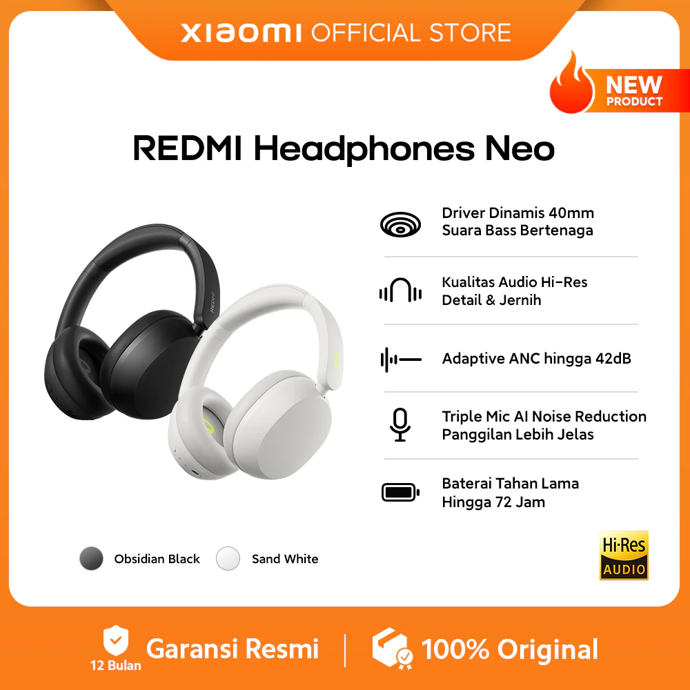 Xiaomi Redmi Headphones Neo / Driver Dinamis 40mm Suara Bass Bertenaga / Kualitas Audio Hi-Res Detail & Jernih / Adaptive ANC hingga 42dB / Triple Mic AI Noise Reduction Panggilan Lebih Jelas / Baterai Tahan Lama Hingga 72 Jam / [Xiaomi Official Store]