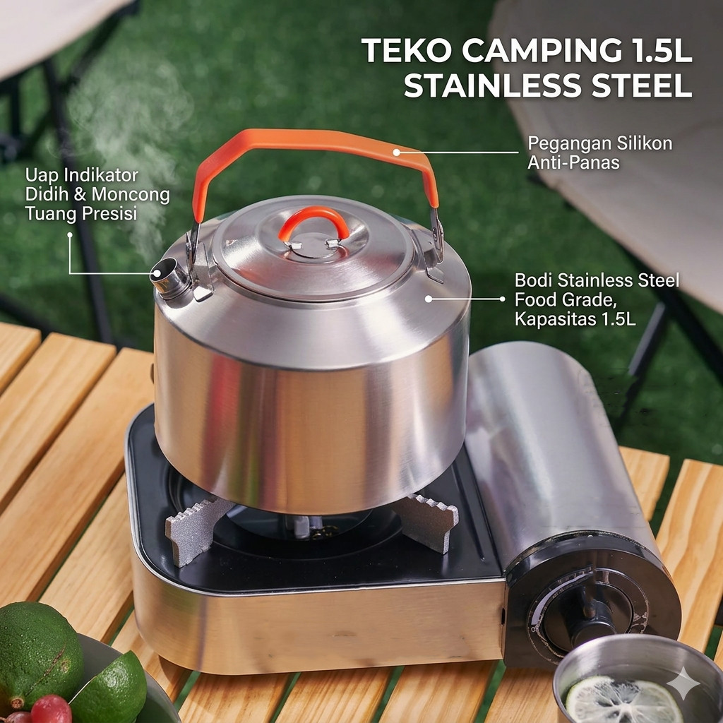 TaffSPORT Teko Camping Outdoor Teapot Kettle Stainless Steel - HWSH1.5 Warna Silver Dimensi 1.5L