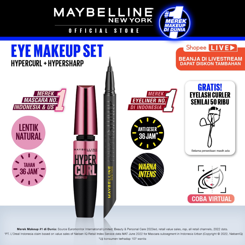Maybelline Paket Makeup EYE Hypercurl Mascara + Hypersharp Eyeliner - Waterproof Maskara Eye Makeup Black Smudgeproof Panjang Tebal - Gambar 2