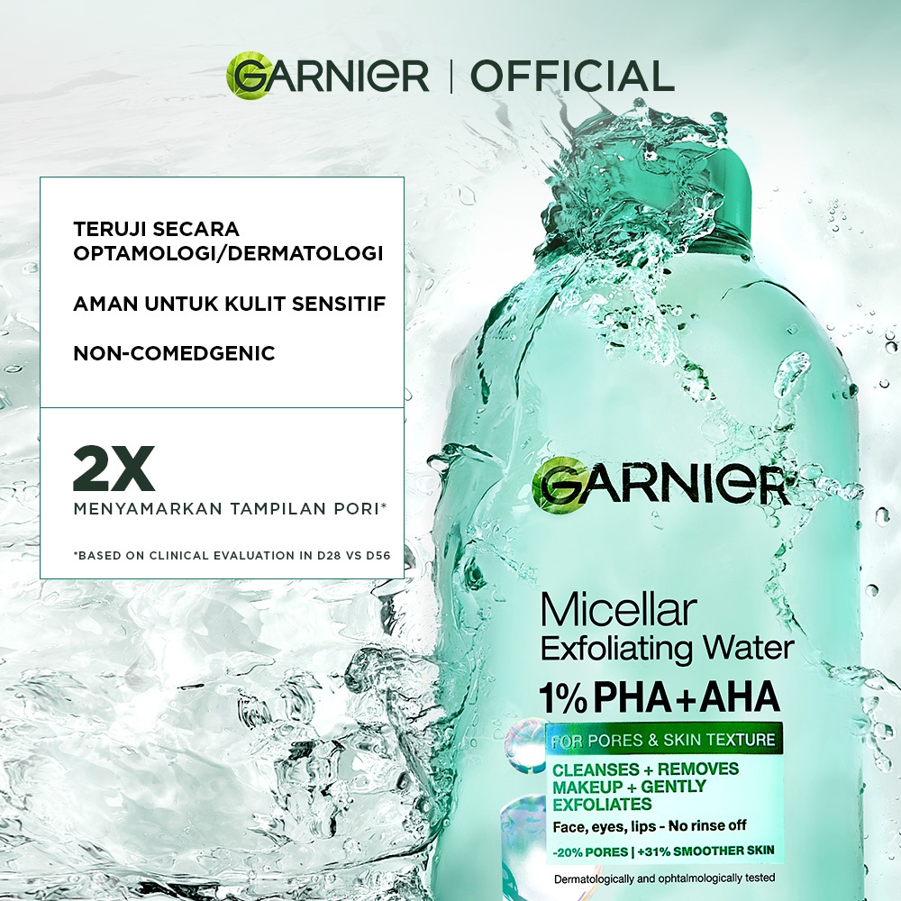 GARNIER Micellar Water Peeling Exfoliating 1% AHA + PHA - 400ml Skincare Pembersih Wajah & Make up untuk mengangkat sel kulit mati - Gambar 3