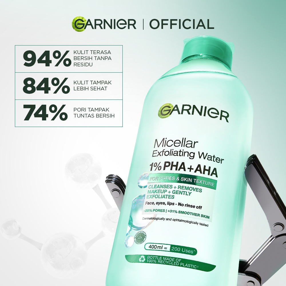 GARNIER Micellar Water Peeling Exfoliating 1% AHA + PHA - 400ml Skincare Pembersih Wajah & Make up untuk mengangkat sel kulit mati - Gambar 4