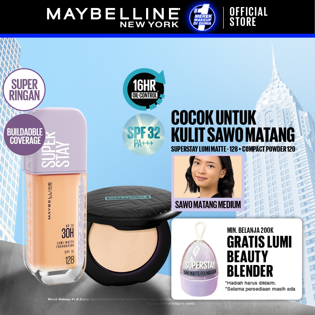MAYBELLINE OFFICIAL Paket Makeup Face Kulit Sawo Matang - Superstay Lumi Foundation 128 + Fit Me Compact Powder 120
