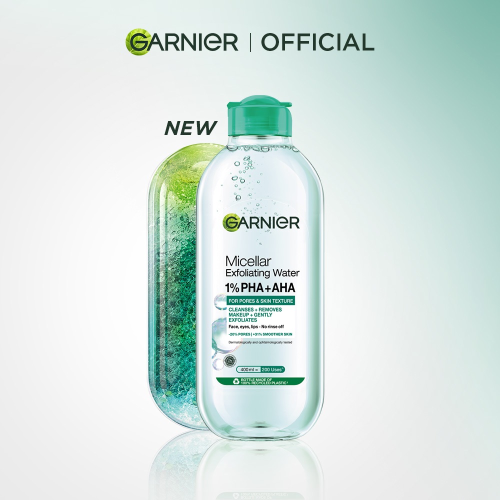 GARNIER Micellar Water Peeling Exfoliating 1% AHA + PHA - 400ml Skincare Pembersih Wajah & Make up untuk mengangkat sel kulit mati - Gambar 2