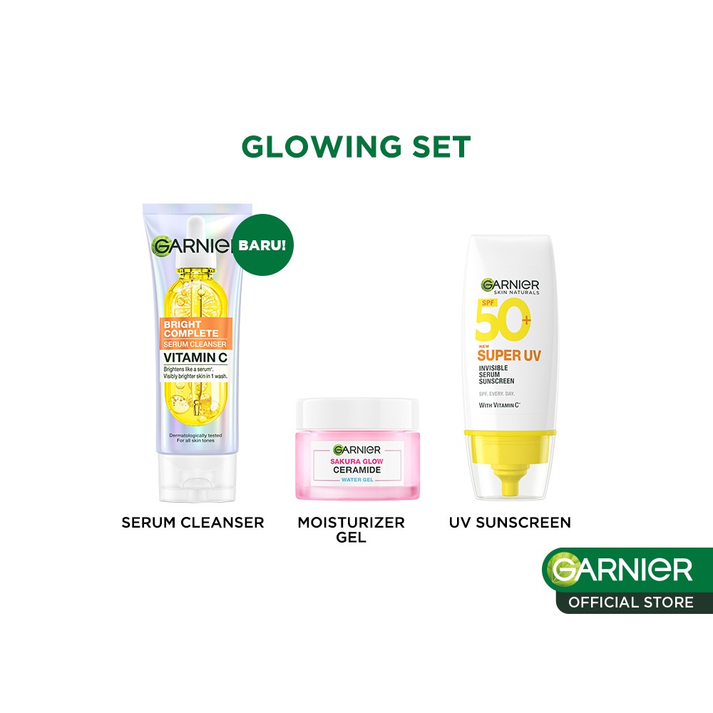 GARNIER 3pcs Paket Skincare Set / Micellar Water Serum Wash Cleanser Moisturizer Gel Super UV Sunscreen SPF - Gambar 3
