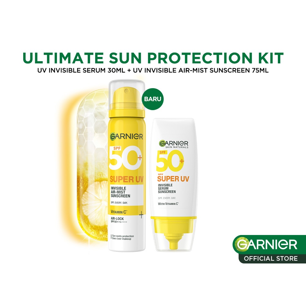 (PAKET HEMAT ISI 2) GARNIER Super UV Invisible Serum Sunscreen SPF 50+ PA++++ Vit C Sunscreen Spray Mist - 30ml + 75ml - Gambar 2