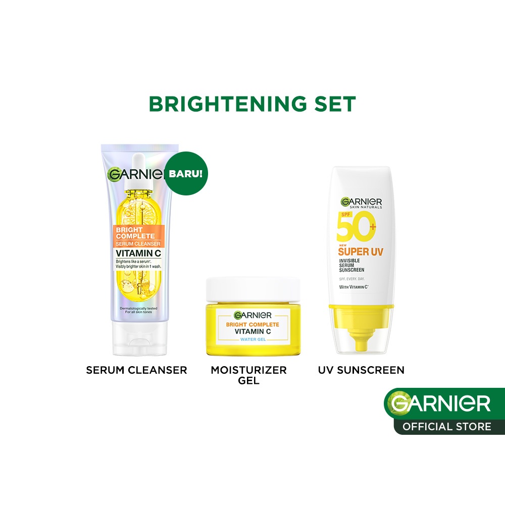 GARNIER 3pcs Paket Skincare Set / Micellar Water Serum Wash Cleanser Moisturizer Gel Super UV Sunscreen SPF