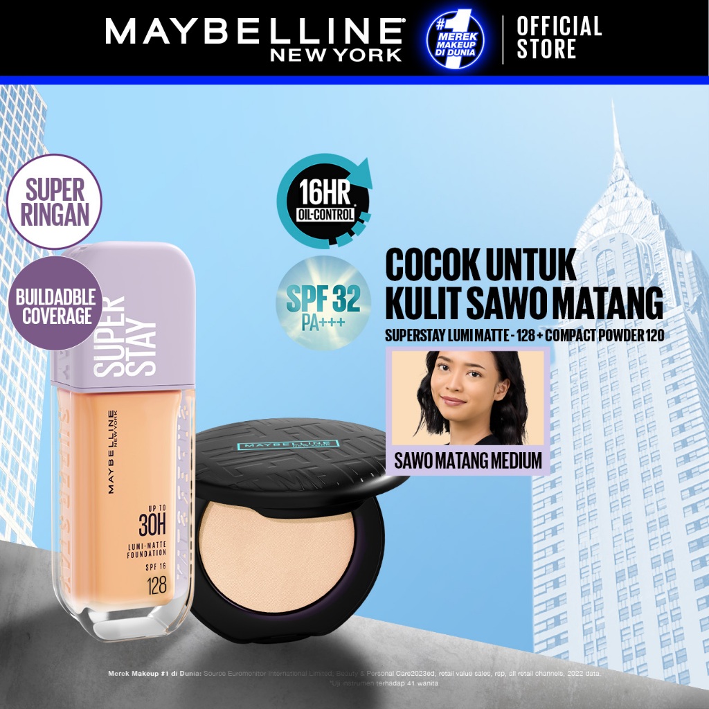 MAYBELLINE OFFICIAL Paket Makeup Face Kulit Sawo Matang - Superstay Lumi Foundation 128 + Fit Me Compact Powder 120 - Gambar 2