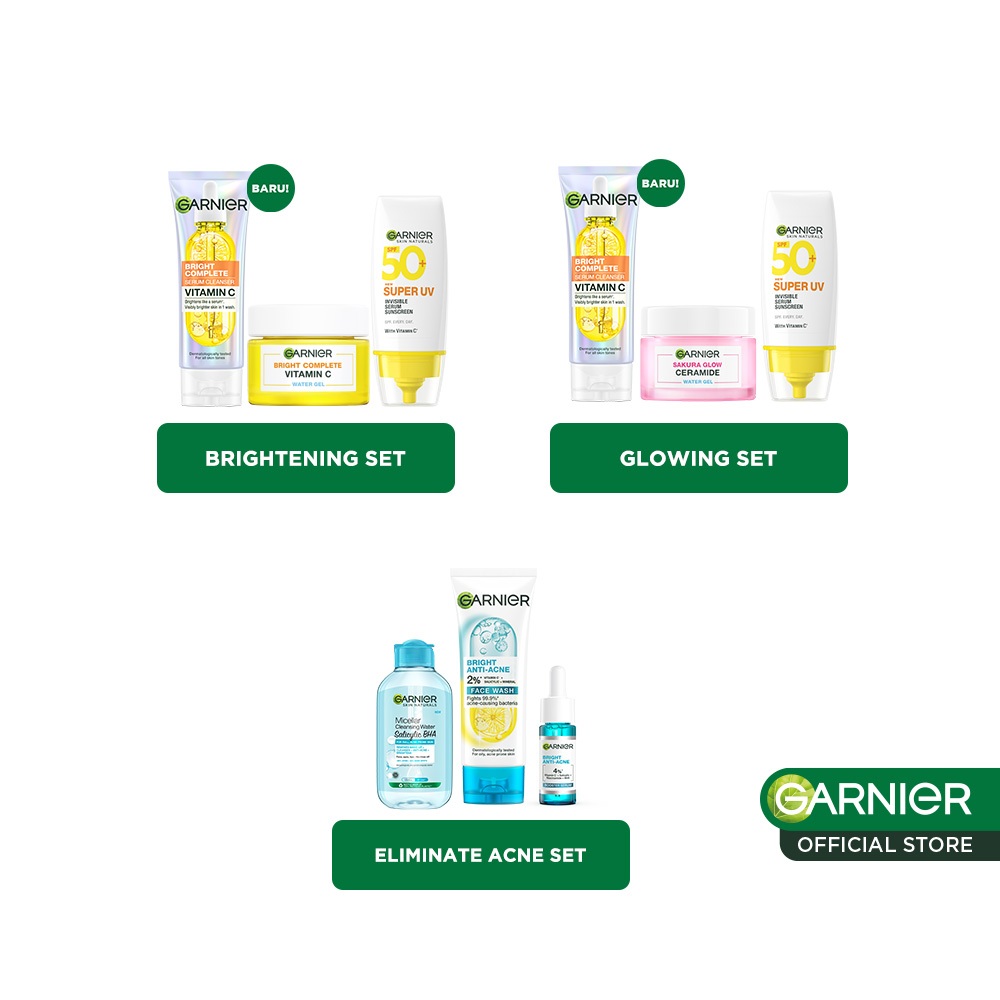 GARNIER 3pcs Paket Skincare Set / Micellar Water Serum Wash Cleanser Moisturizer Gel Super UV Sunscreen SPF - Gambar 2