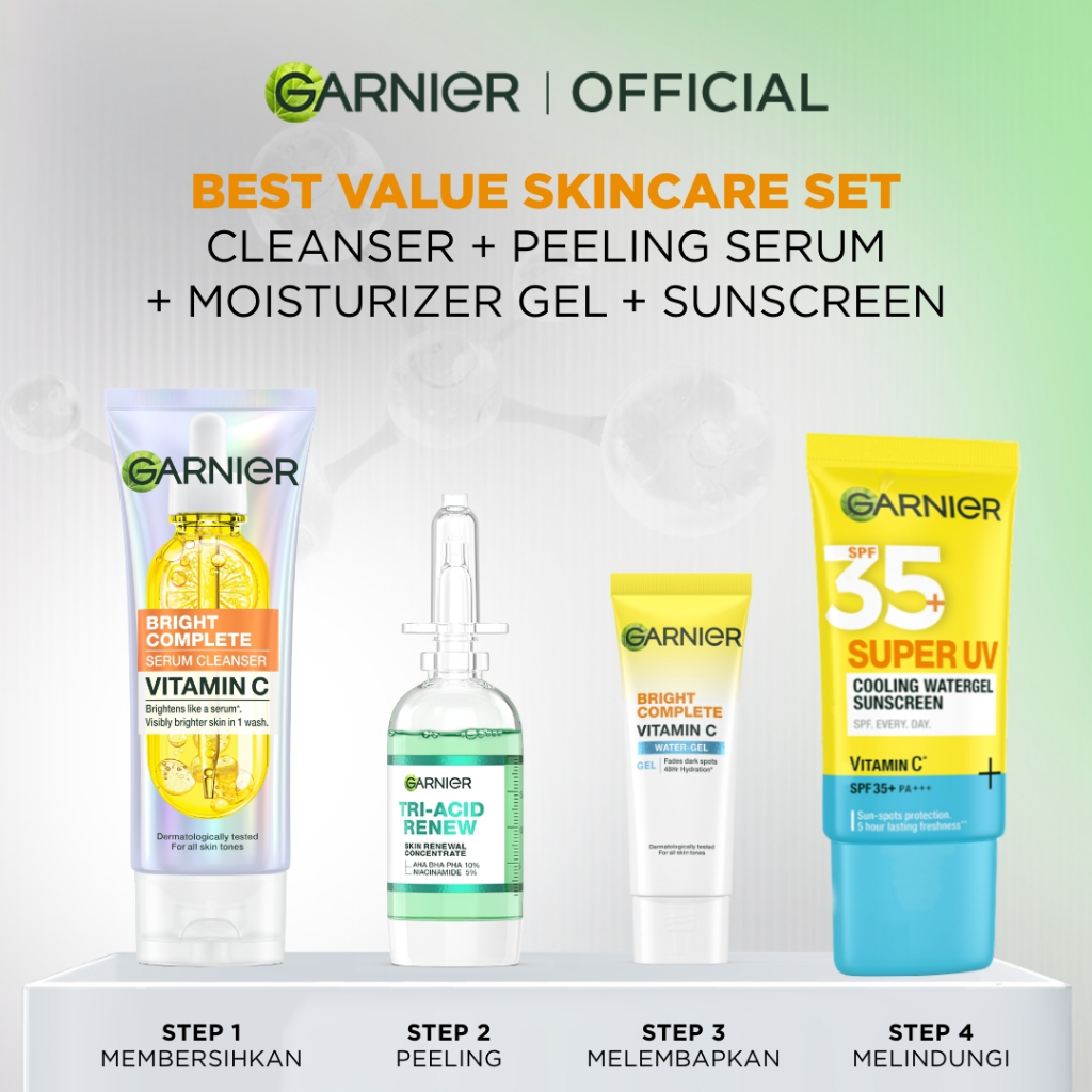 GARNIER Paket Skincare Peeling 1 Set Lengkap Serum Exfoliating Eksfoliasi Wajah Daily Set / tone up mencerahkan moisturizer pelembab - Gambar 3