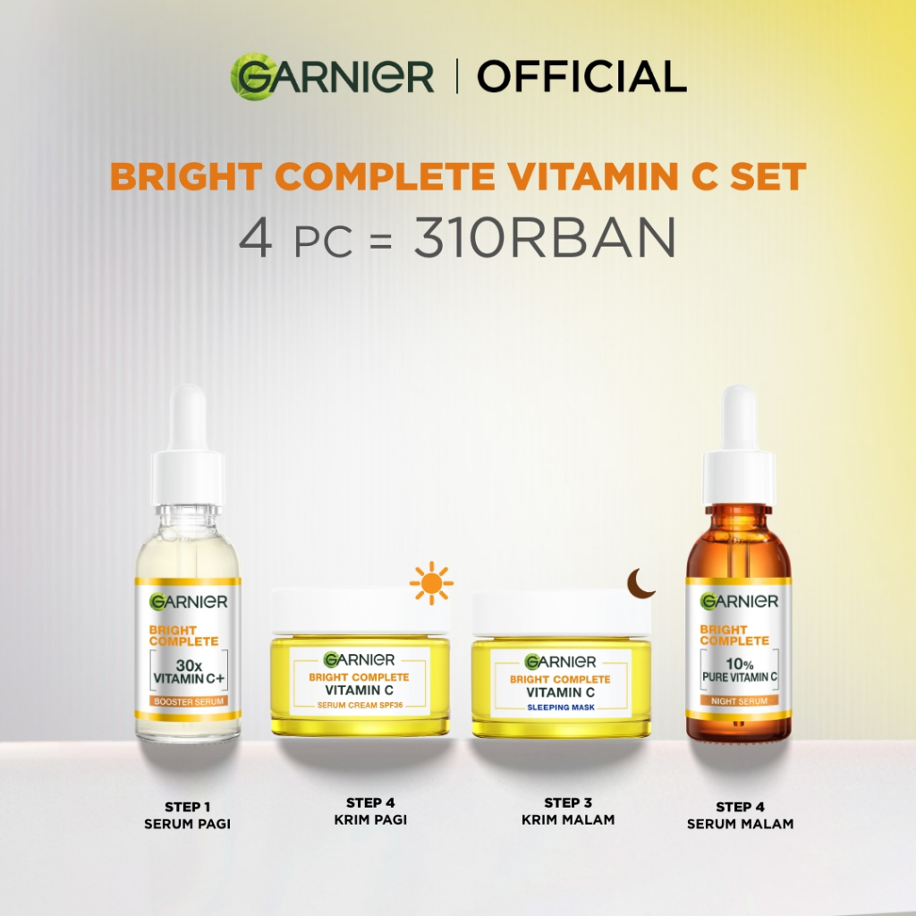 GARNIER Paket Skincare 1 set lengkap Complete Kit Vitamin C Serum 30 ml + Overnight Serum 30ml + Night Cream 50ml + Day Cream 50ml - Skincare Serum Mencerahkan Bundle Paket moisturizer tone up pelembab wajah cream pemutih wajah glowing - Gambar 2