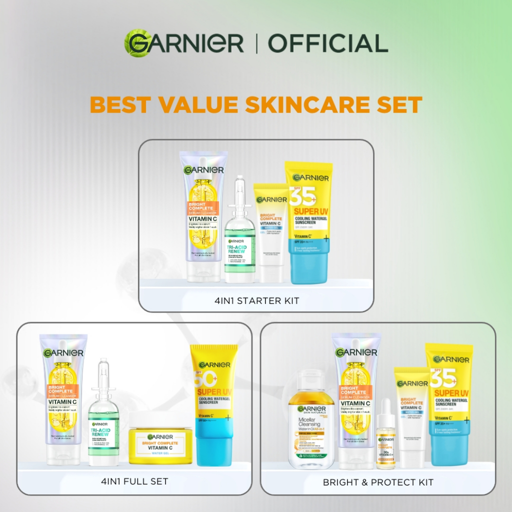 GARNIER Paket Skincare Peeling 1 Set Lengkap Serum Exfoliating Eksfoliasi Wajah Daily Set / tone up mencerahkan moisturizer pelembab - Gambar 2