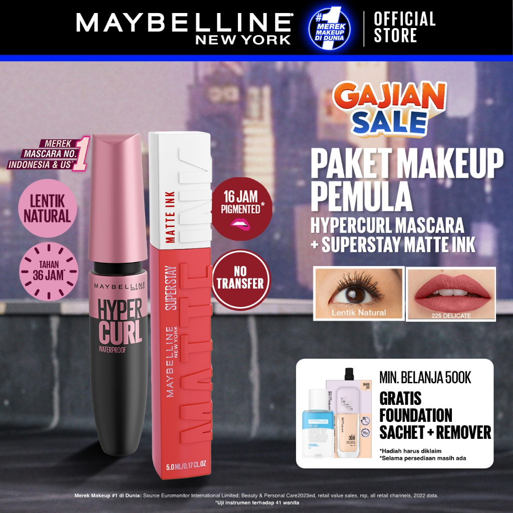 MAYBELLINE OFFICIAL Paket Makeup Anti Transfer Hypercurl Waterproof Mascara + Superstay Matte Ink / Paket Maskara Lipstick
