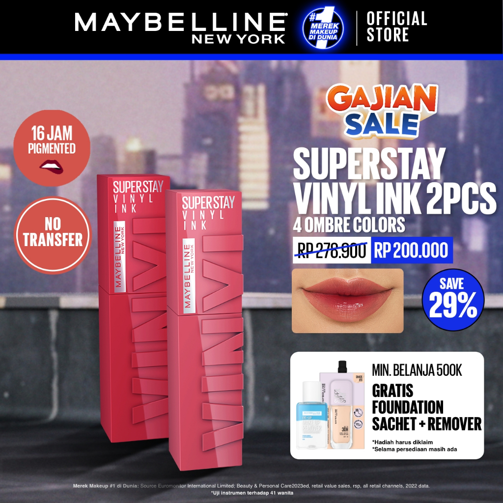 MAYBELLINE OFFICIAL Paket Hemat Superstay Vinyl Ink 2 pcs Ombre Set Lipstick Long Lasting