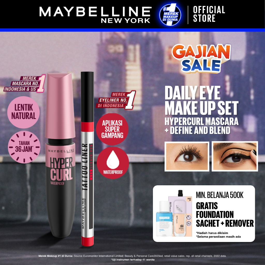 MAYBELLINE OFFICIAL Daily Eye Makeup Bundle Hypercurl Waterproof Mascara + Tattoo Liner 48H Liquid Pen Eyeliner Waterproof Tahan 48 Jam