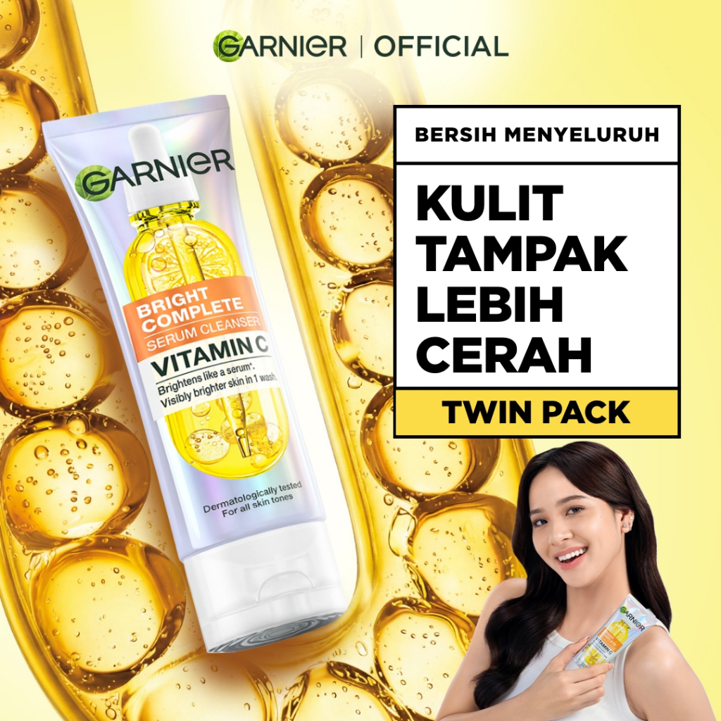 GARNIER Facial Wash Bright Complete Vitamin C Serum Cleanser 90ml Paket Skincare Pembersih Wajah Mencerahkan Seperti Serum Wash Sabun Cuci Muka Sabun Muka Glowing dan Memutihkan Moisturizer Sunscreen Face Wash