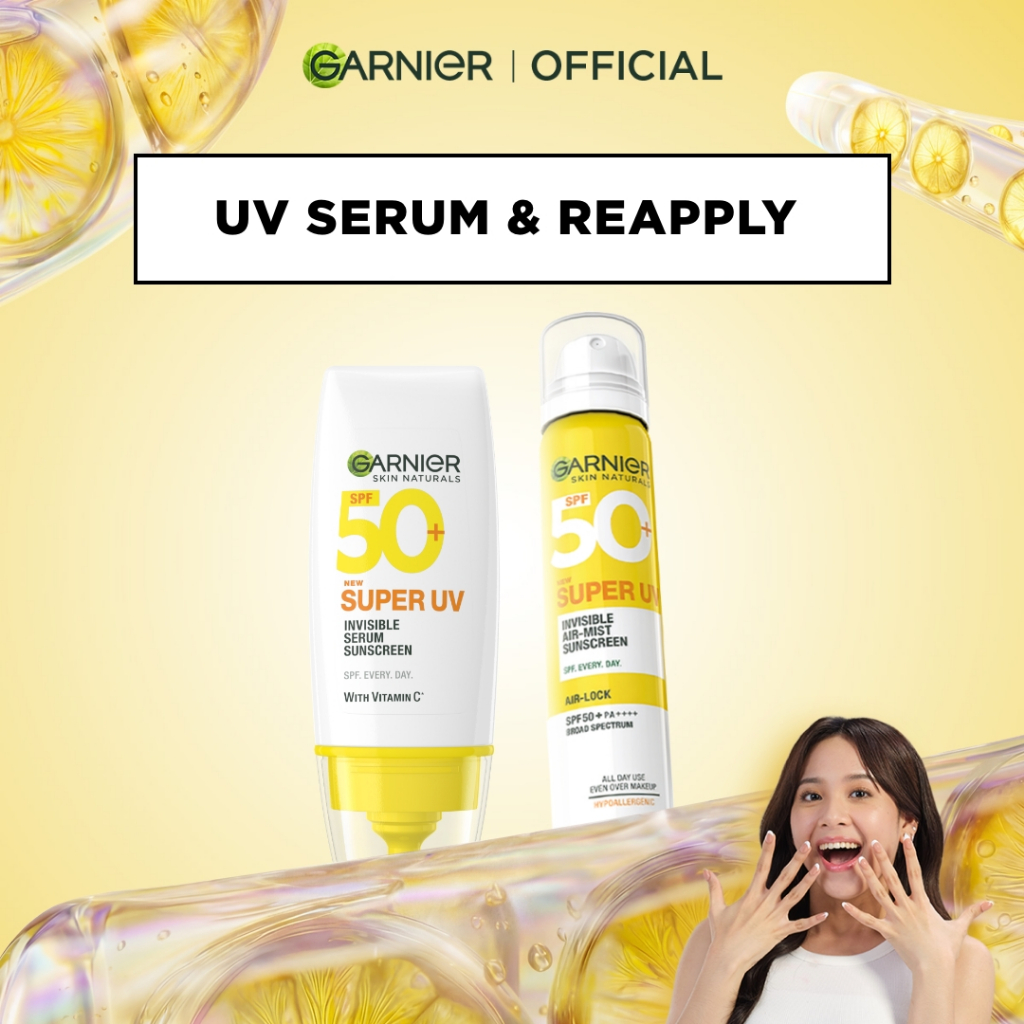 (PAKET HEMAT ISI 2) GARNIER Super UV Invisible Serum Sunscreen SPF 50+ PA++++ Vit C Sunscreen Spray Mist - 30ml + 75ml