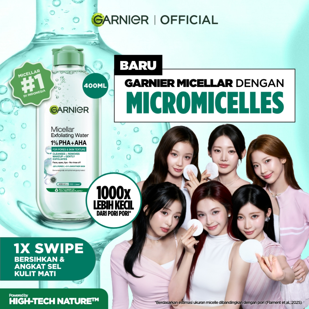 GARNIER Micellar Water Peeling Exfoliating 1% AHA + PHA - 400ml Skincare Pembersih Wajah & Make up untuk mengangkat sel kulit mati