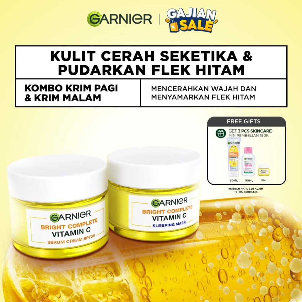 GARNIER Bright Complete Vitamin C Simple Set Day Cream & Night Cream 50 ml Krim Siang & Krim Malam Mencerahkan Bundle Paket Skincare 1 set lengkap moisturizer tone up pelembab wajah cream pemutih wajah glowing cepat