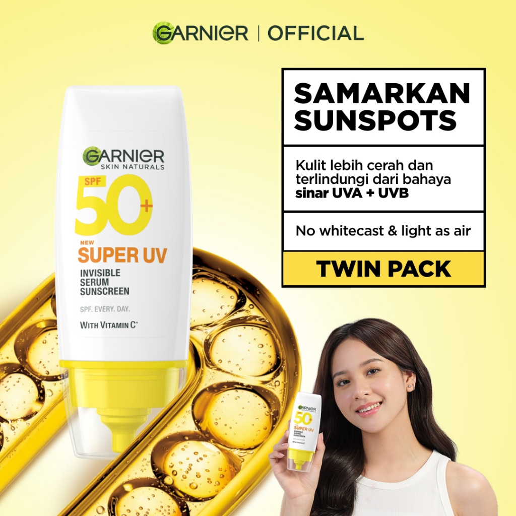 (PAKET HEMAT ISI 2) GARNIER Super UV Invisible Serum Sunscreen SPF 50+ PA++++ Vitamin C Skincare - 30ml Sunblock Mencerahkan Wajah sunscreen spf 50 pa ++++ - Gambar 2
