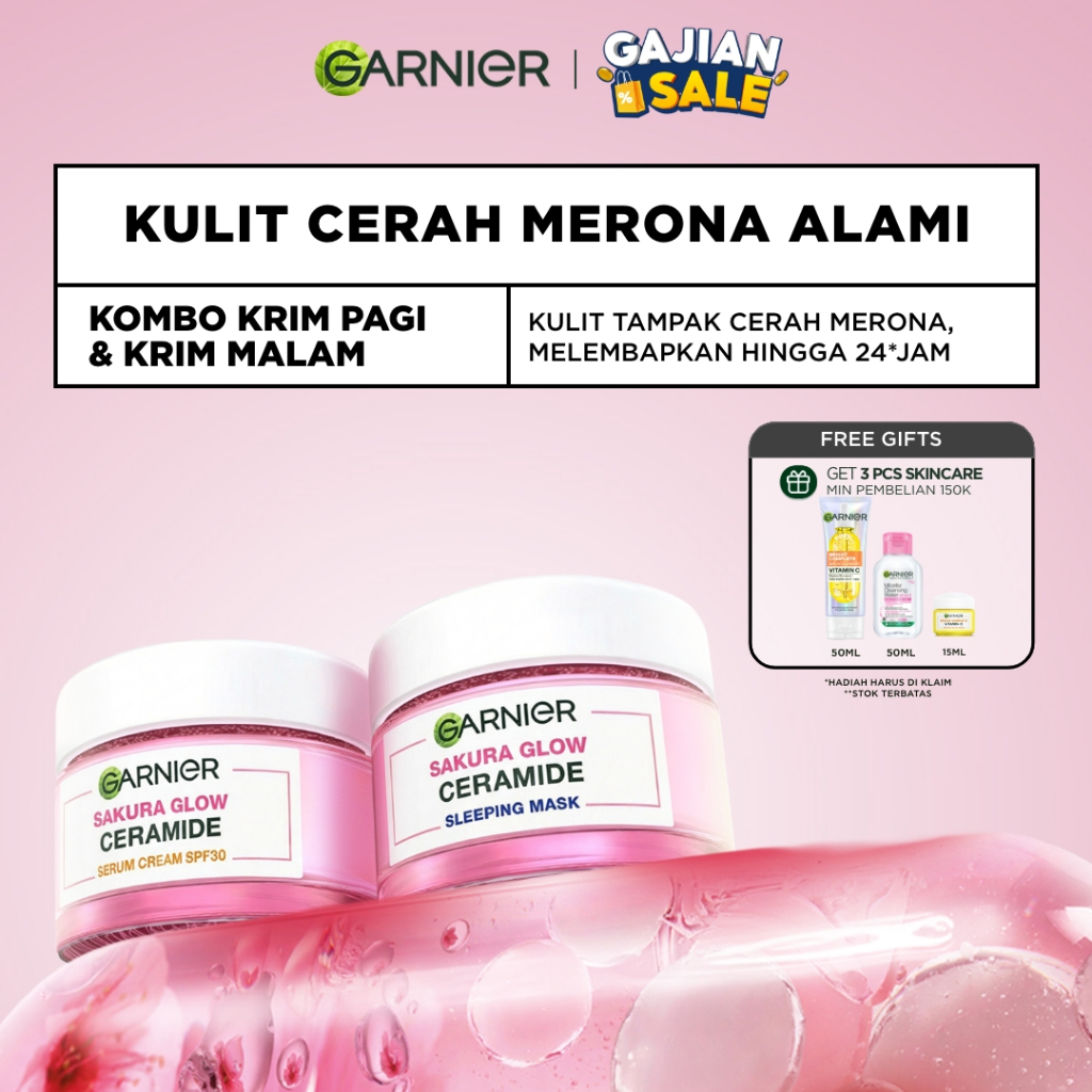 GARNIER Sakura Glow Ceramide Skin Barrier Simple Set Day Cream & Night Cream 50 ml Krim Siang & Krim Malam Bundle Paket Skincare 1 set lengkap moisturizer tone up pelembab wajah cream pemutih wajah glowing cepat