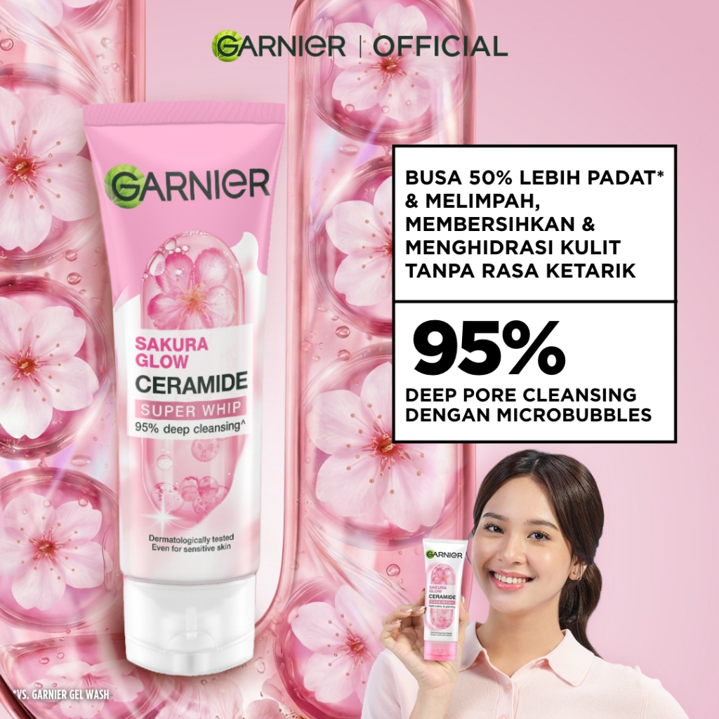 [PAKET HEMAT ISI 2] GARNIER Facial Wash Sakura Glow Ceramide Hyaluron Super Whip Foam Face Wash 100ml / Skincare Pembersih Wajah Mencerahkan sabun cuci muka sabun muka glowing dan memutihkan - Gambar 3