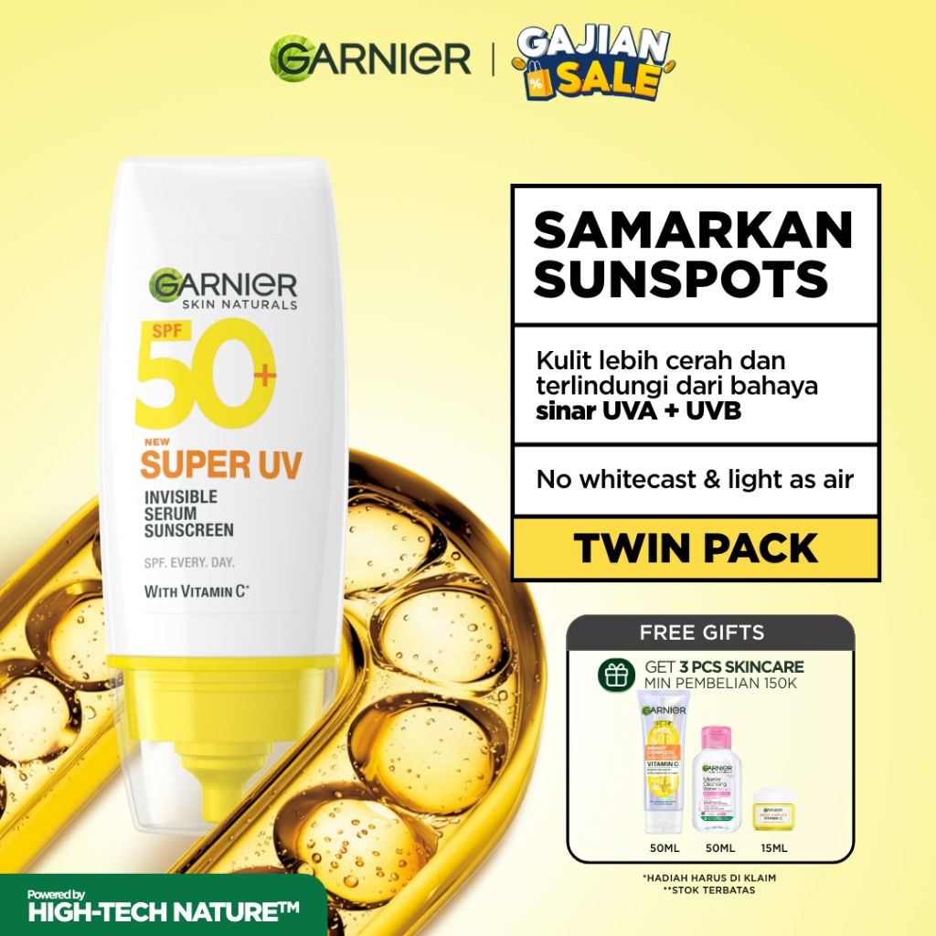 (PAKET HEMAT ISI 2) GARNIER Super UV Invisible Serum Sunscreen SPF 50+ PA++++ Vitamin C Skincare - 30ml Sunblock Mencerahkan Wajah sunscreen spf 50 pa ++++