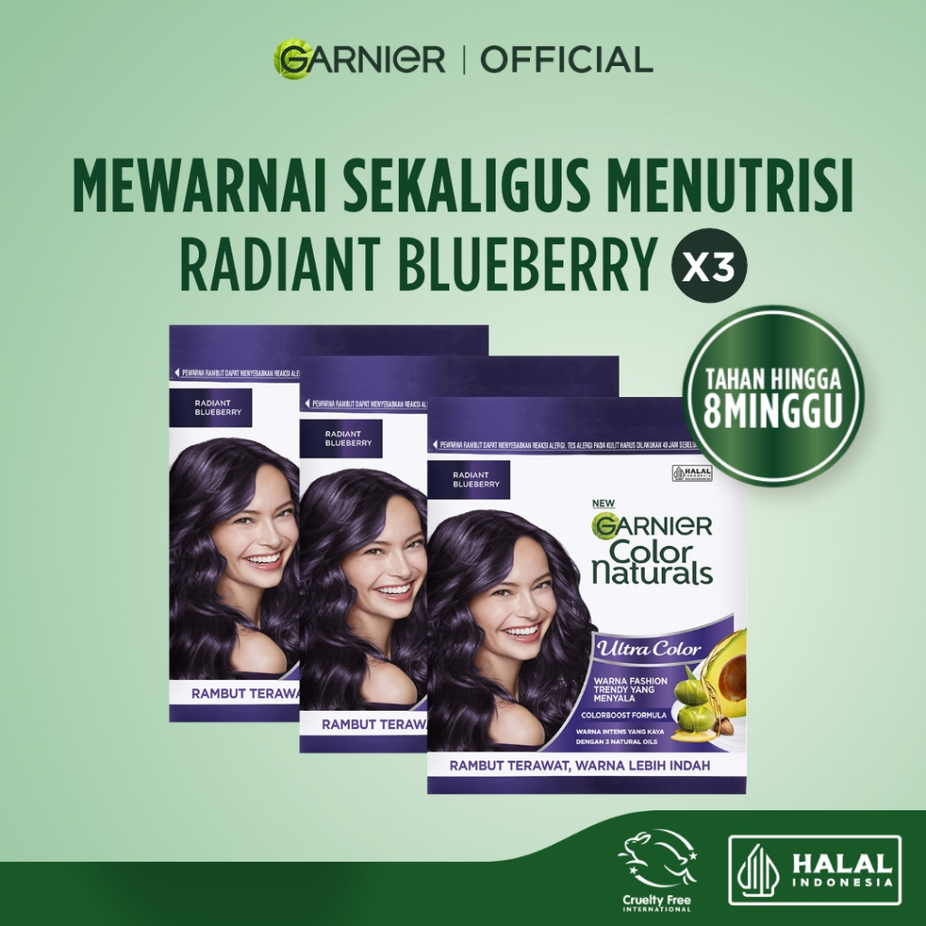 GARNIER Hair Colour Pewarna Rambut Permanen ISI 3 Sachet 20ml Radiant Blueberry / Cat Rambut Tanpa Amonia Color Naturals Ultra Color Ash Blonde Garnier Hair Color Pewarna Rambut Permanent Tutup Uban Hitam Alami Semir Rambut