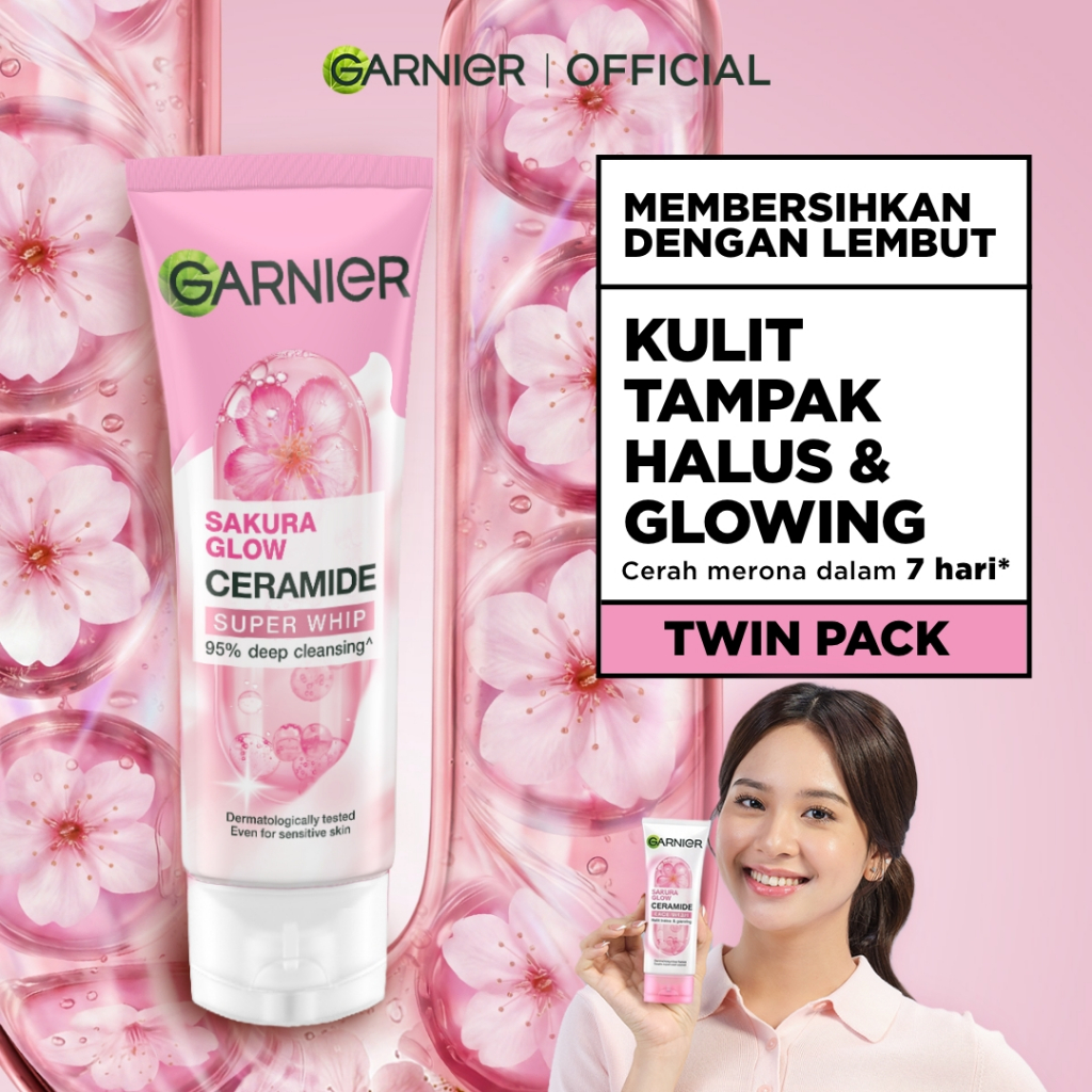 [PAKET HEMAT ISI 2] GARNIER Facial Wash Sakura Glow Ceramide Hyaluron Super Whip Foam Face Wash 100ml / Skincare Pembersih Wajah Mencerahkan sabun cuci muka sabun muka glowing dan memutihkan - Gambar 2