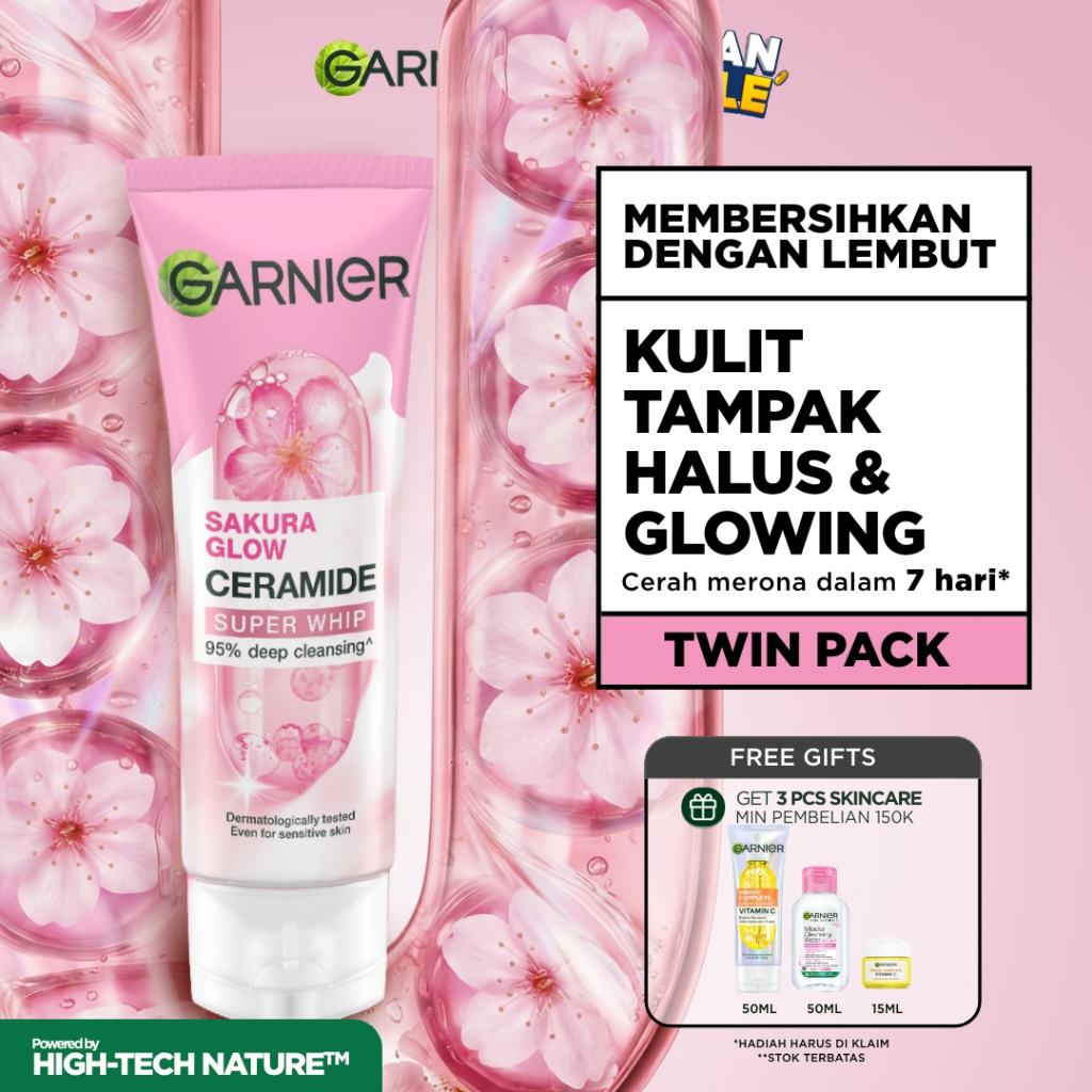 [PAKET HEMAT ISI 2] GARNIER Facial Wash Sakura Glow Ceramide Hyaluron Super Whip Foam Face Wash 100ml / Skincare Pembersih Wajah Mencerahkan sabun cuci muka sabun muka glowing dan memutihkan