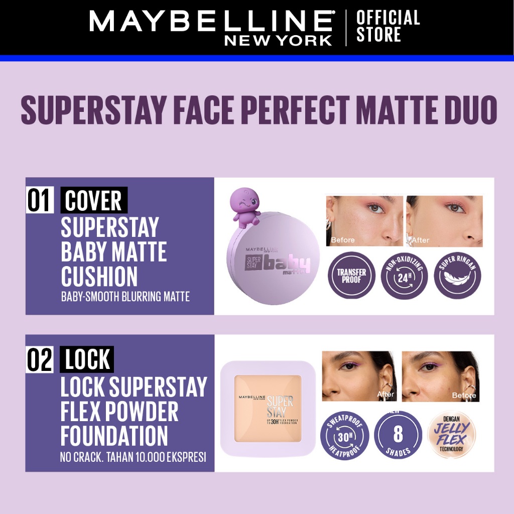 MAYBELLINE OFFICIAL Superstay Unbreakable Duo - Superstay Baby Matte Cushion + Superstay Flex Powder Foundation - Gambar 3