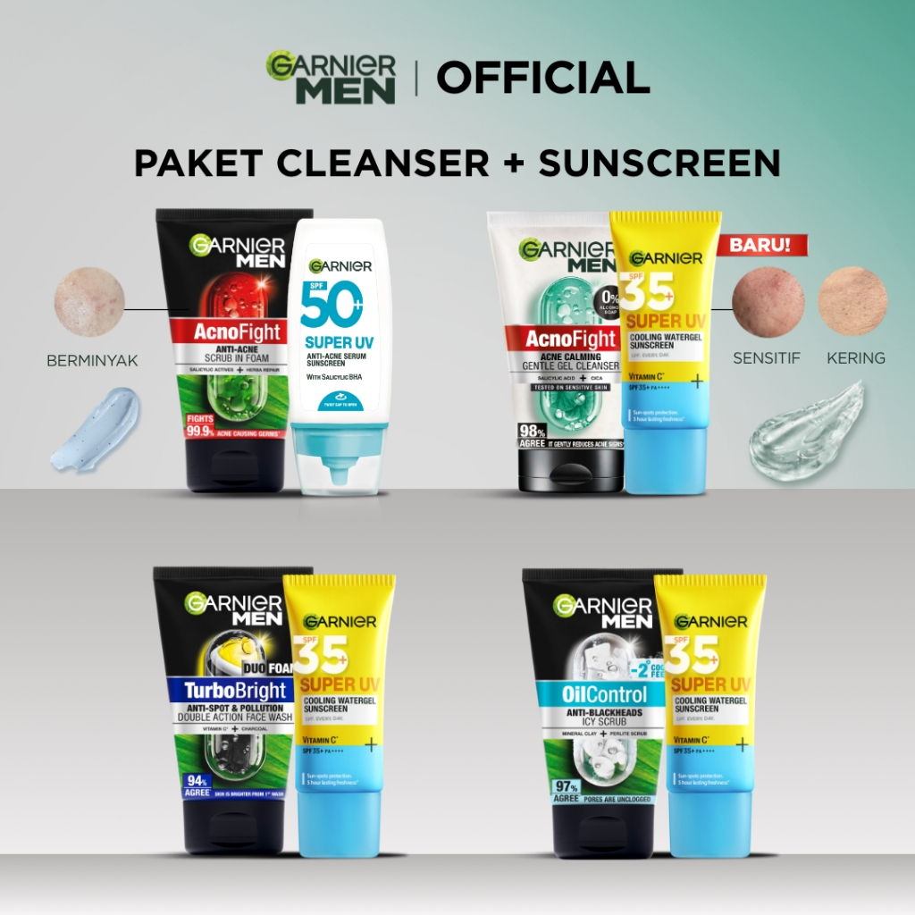 [PAKET HEMAT ISI 2] GARNIER Men Value Skincare Set / Face Wash + Sunscreen SPF 50 PA ++++ / Moisturizer Serum Brightening Sabun Cuci Muka Pria Facial Wash Foam