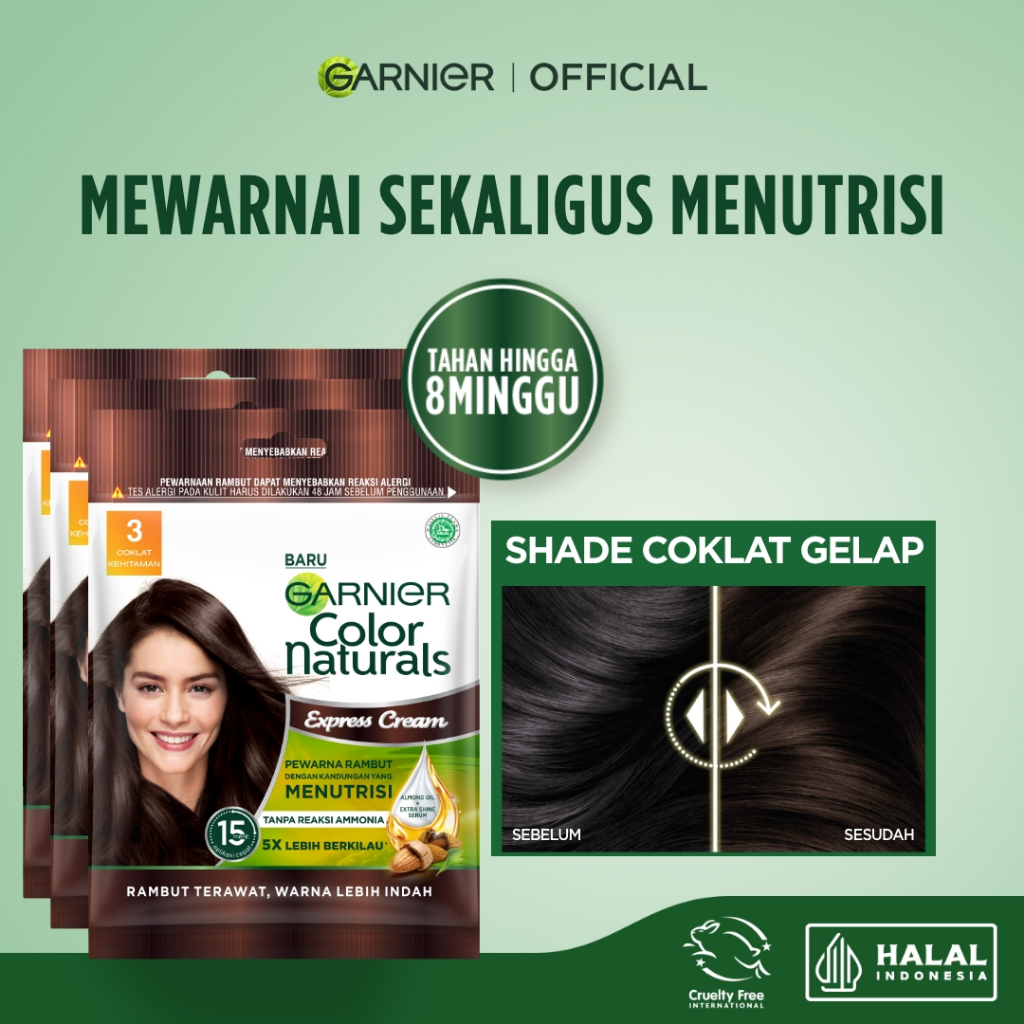 GARNIER Hair Colour Pewarna Rambut Permanen ISI 3 Sachet 20ml #3 Coklat Gelap / Cat Rambut Tanpa Amonia Color Naturals Ultra Color Ash Blonde Garnier Hair Color Pewarna Rambut Permanent Tutup Uban Hitam Alami Semir Rambut