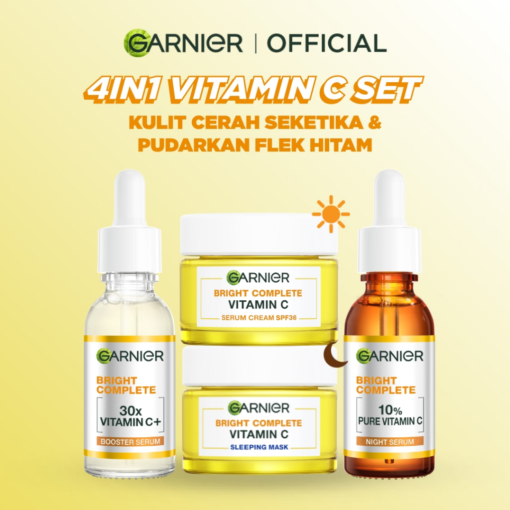 GARNIER Paket Skincare 1 set lengkap Complete Kit Vitamin C Serum 30 ml + Overnight Serum 30ml + Night Cream 50ml + Day Cream 50ml - Skincare Serum Mencerahkan Bundle Paket moisturizer tone up pelembab wajah cream pemutih wajah glowing