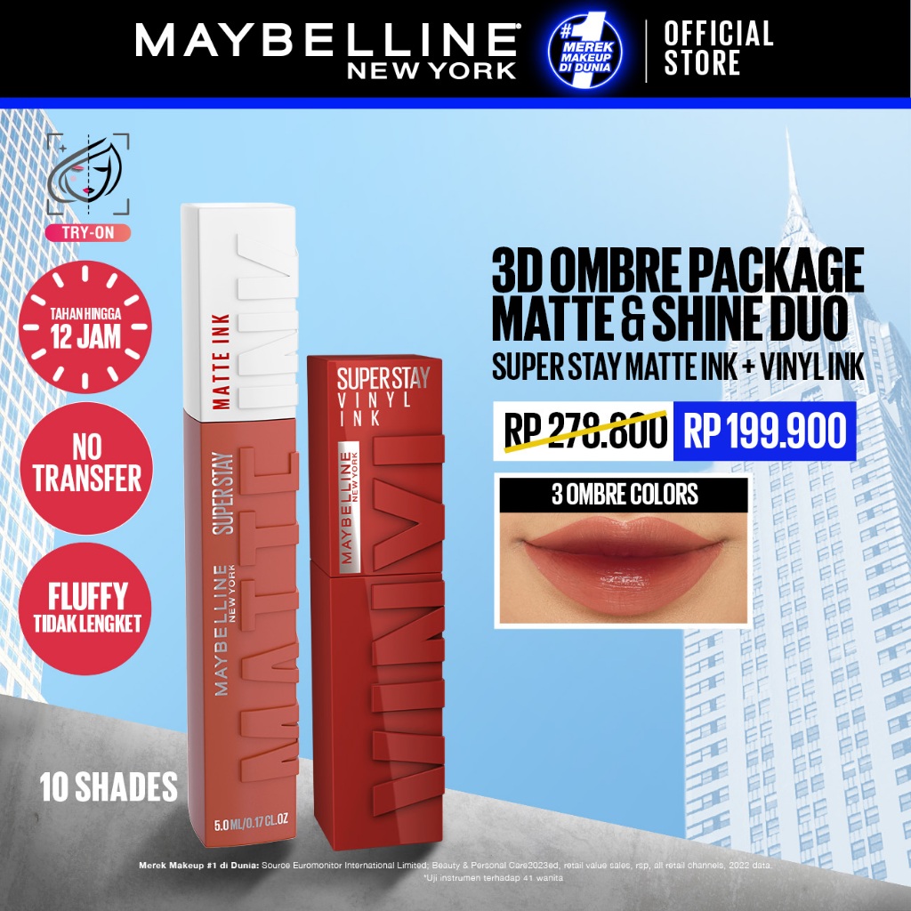 MAYBELLINE OFFICIAL 3D Ombre Lip Packages : Matte & Shine Duo (Superstay Matte Ink + Superstay Vinyl Ink) - Gambar 2