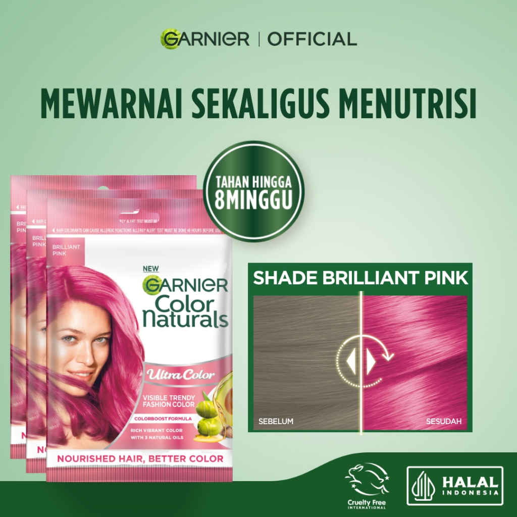 GARNIER Hair Colour Pewarna Rambut Permanen ISI 3 Sachet 20ml Brilliant Pink / Cat Rambut Tanpa Amonia Color Naturals Ultra Color Ash Blonde Garnier Hair Color Pewarna Rambut Permanent Tutup Uban Hitam Alami Semir Rambut