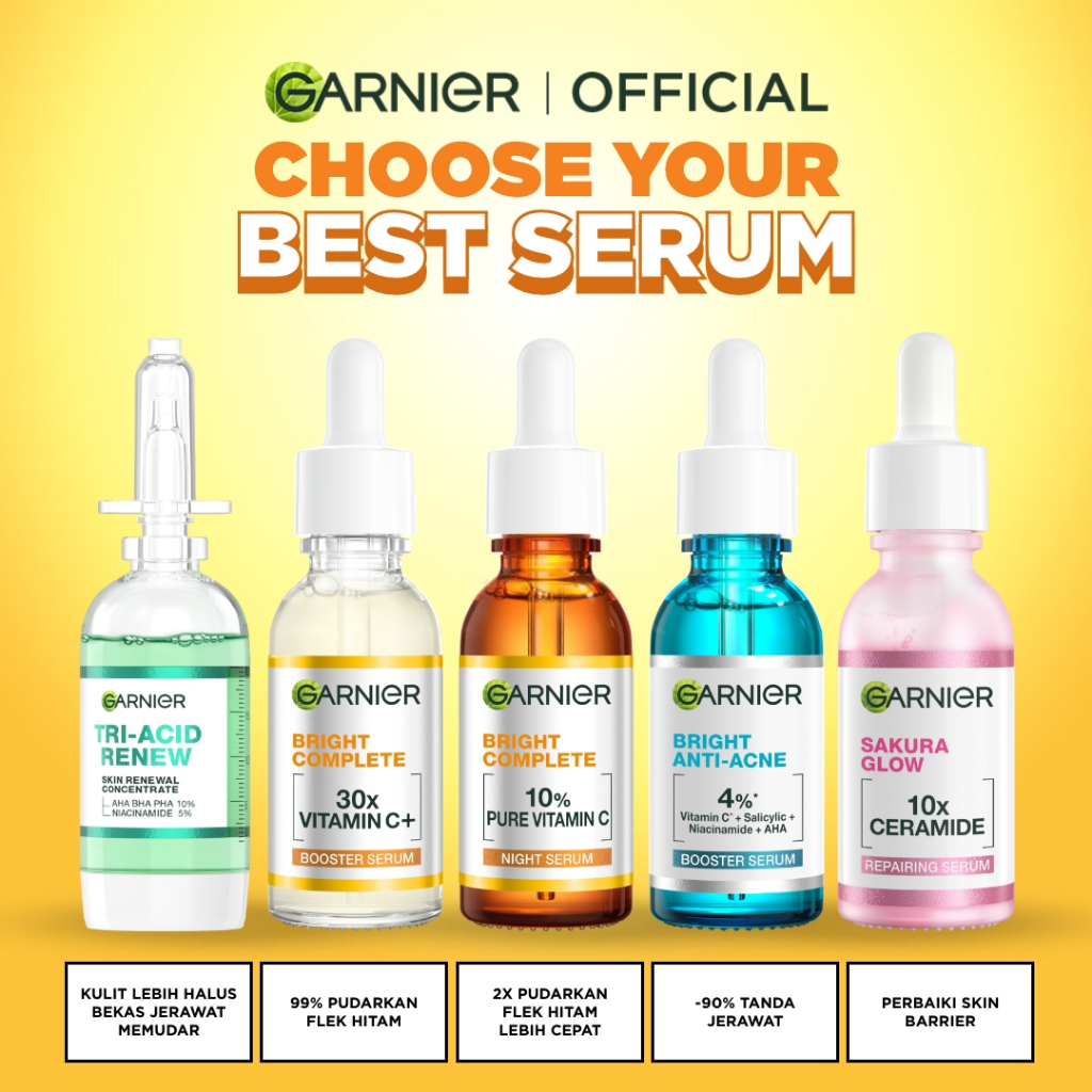 GARNIER Serum SEMUA VARIAN Serum Vitamin C Skincare Serum Mencerahkan Wajah Vitamin C Ceramide Skin Barrier Salycilic Acid Night Peeling Serum 15ml 30ml 50ml Cocok untuk semua jenis kulit Serum Pagi & Malam