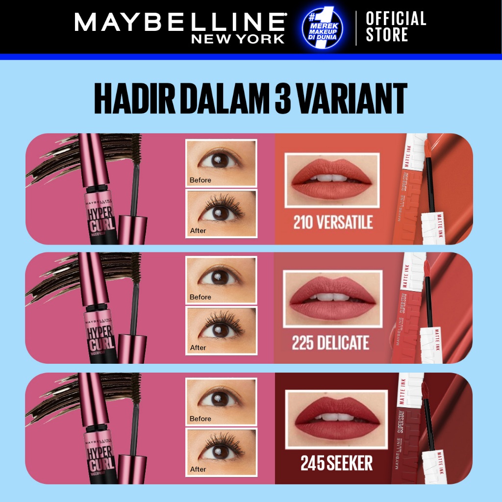 MAYBELLINE OFFICIAL Paket Makeup Anti Transfer Hypercurl Waterproof Mascara + Superstay Matte Ink / Paket Maskara Lipstick - Gambar 3