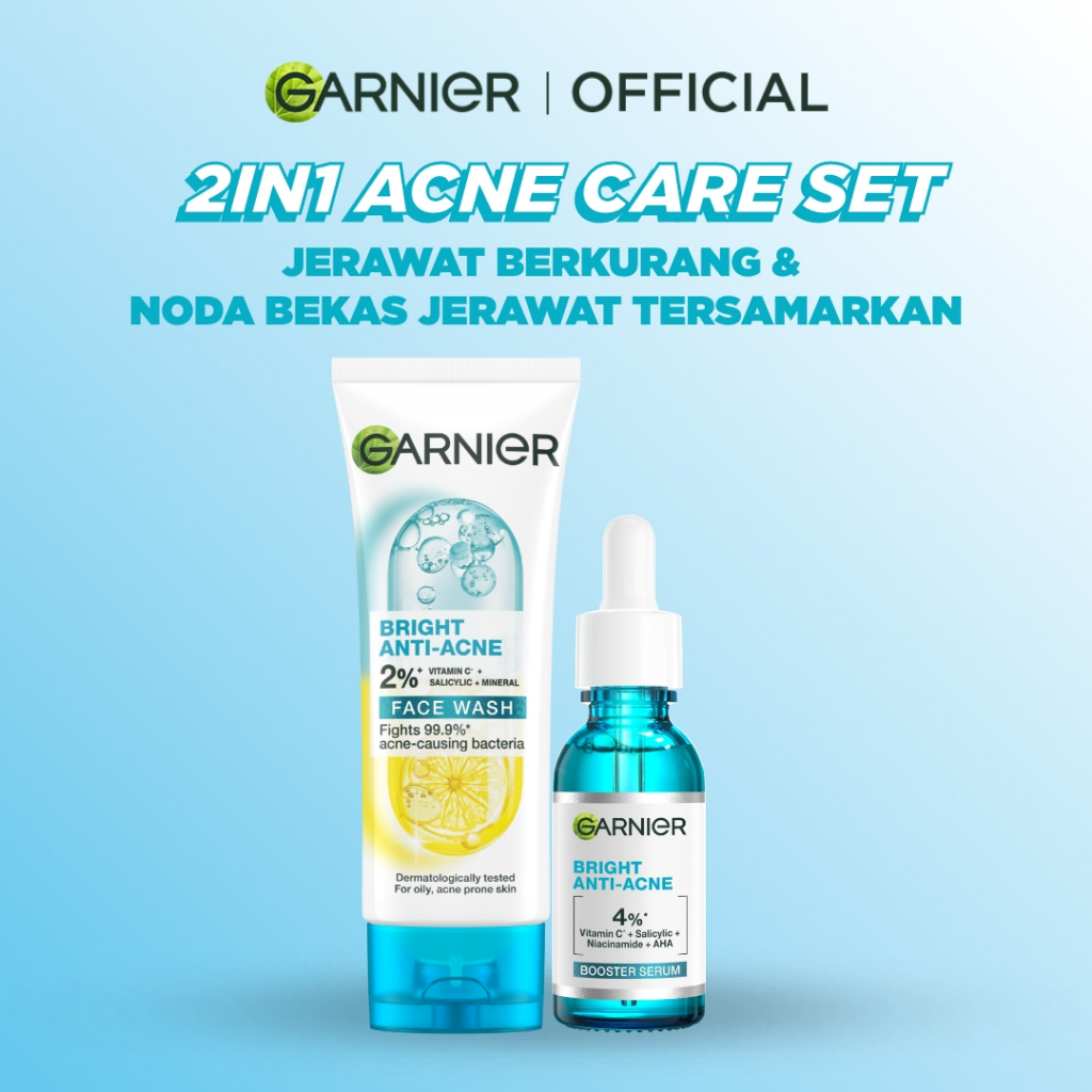 Garnier Bright Complete Anti Acne Starter Kit Serum 15 ml + Foam 100 ml - Skincare Jerawat Vitamin C