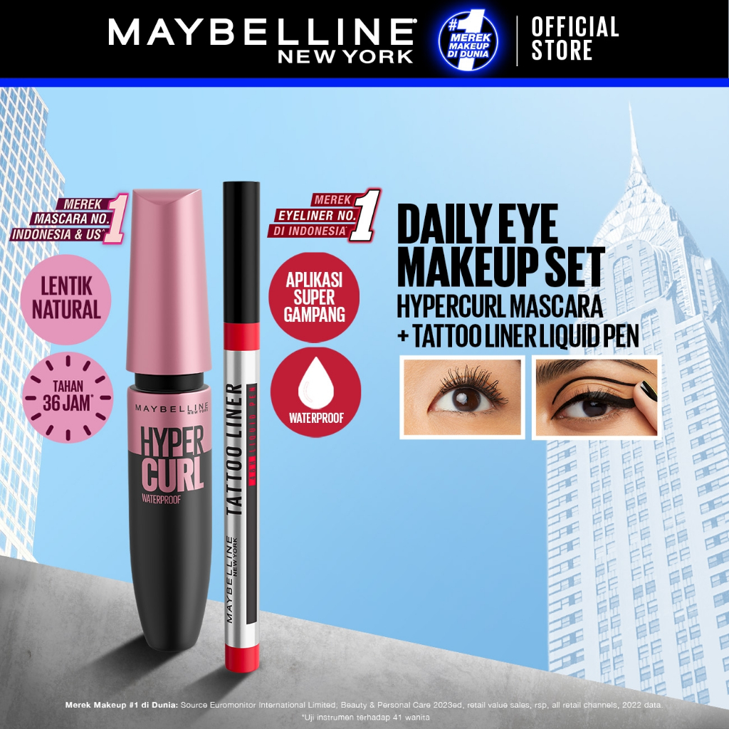 MAYBELLINE OFFICIAL Daily Eye Makeup Bundle Hypercurl Waterproof Mascara + Tattoo Liner 48H Liquid Pen Eyeliner Waterproof Tahan 48 Jam - Gambar 2